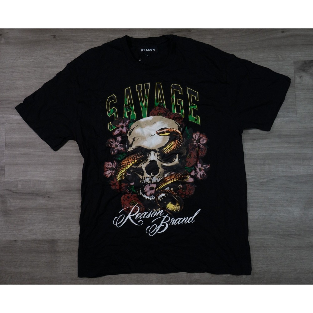 Reason Brand Savage Skull Cobra Mens Medium Black Cotton Graphic Shirt RT23-004